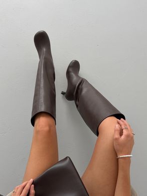 Чоботи barefoot на каблуку жіночі коричневі шоколадні з натуральної італійської шкіри 1128841 фото